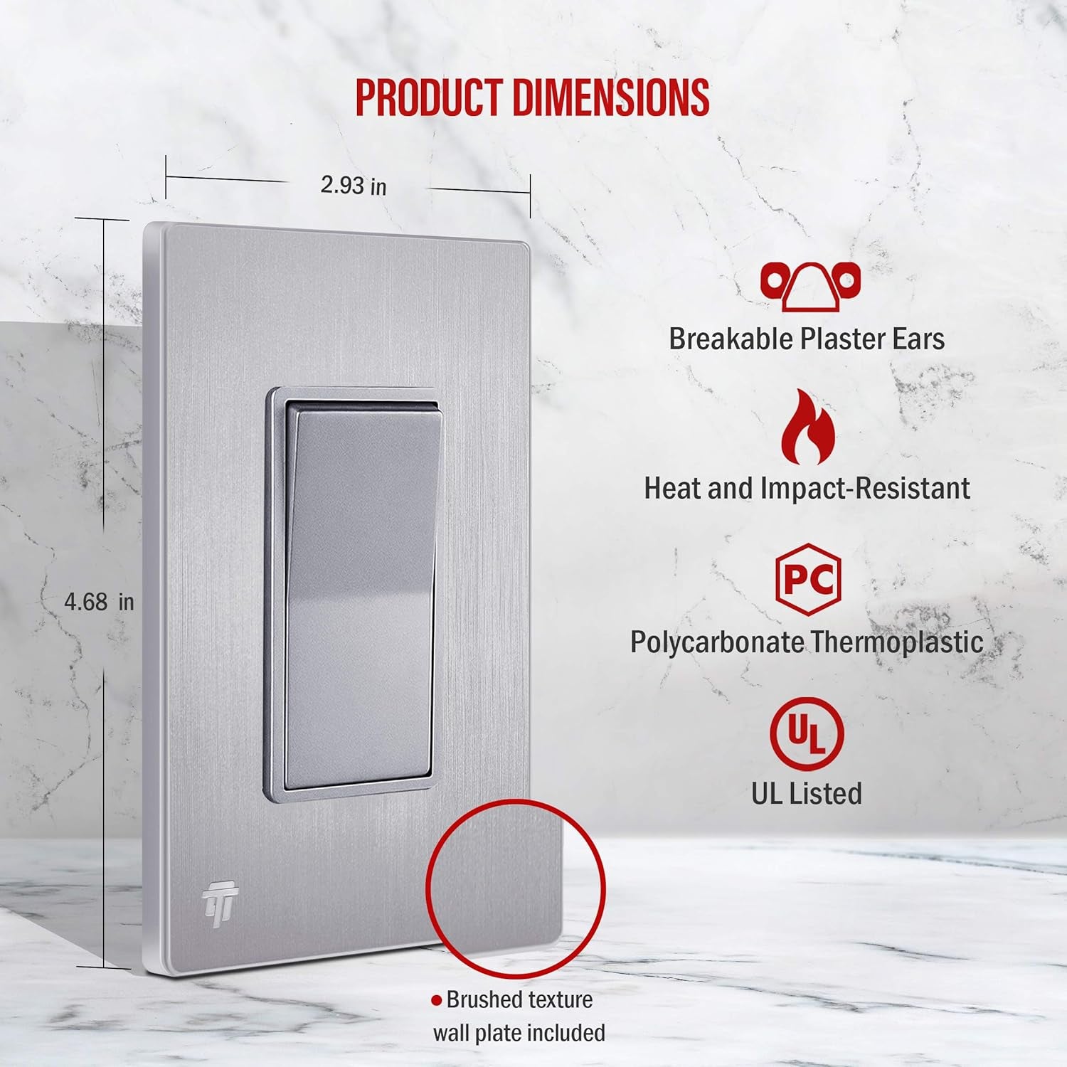 Elite Series Decorator Light Switch with Brushed Screwless Wall Plate, Single Pole, 3 Wire, Grounding Screw, Residential Grade, 15A 120V, UL Listed, 91150-SVWBP, Silver with Wall Plate