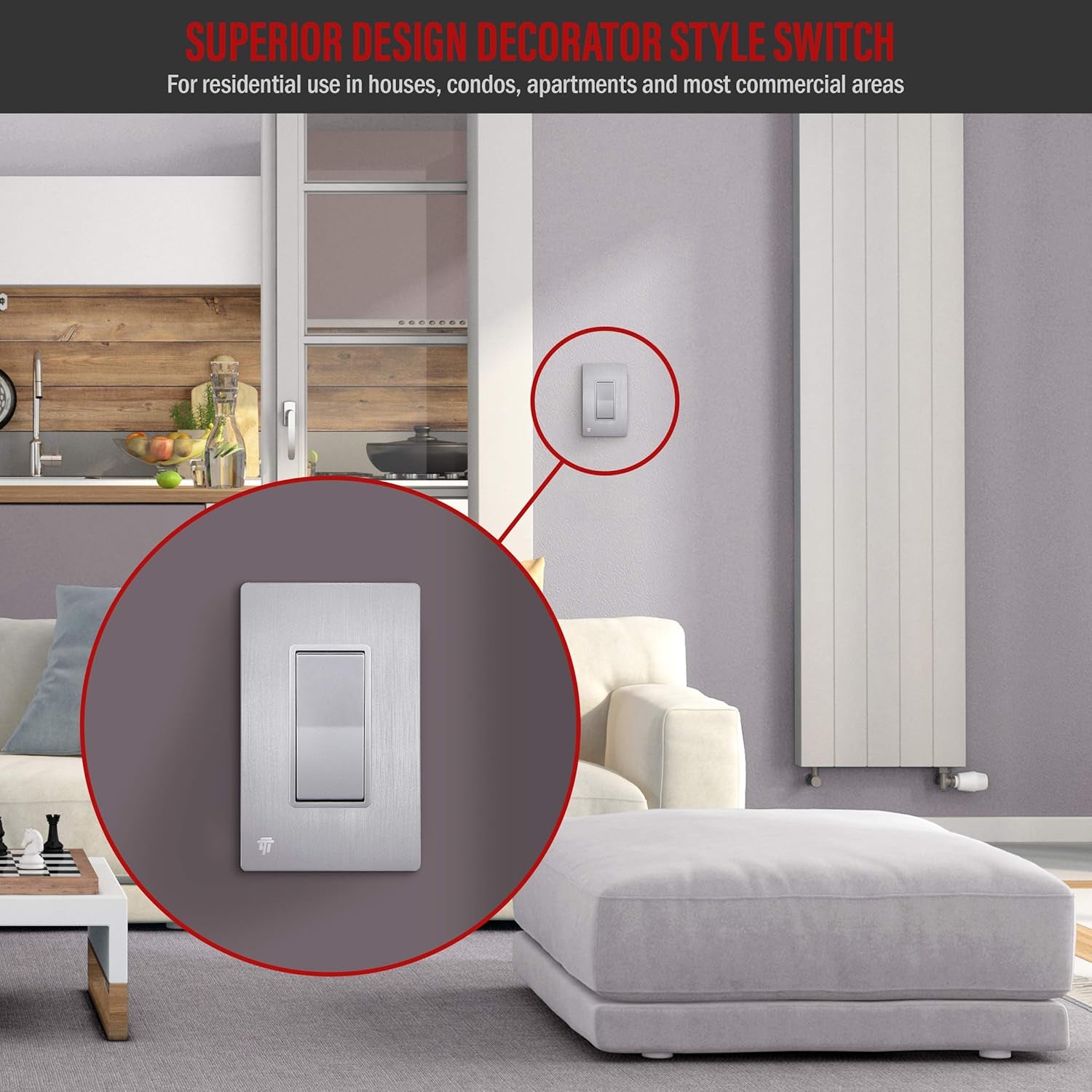 Elite Series Decorator Light Switch with Brushed Screwless Wall Plate, Single Pole, 3 Wire, Grounding Screw, Residential Grade, 15A 120V, UL Listed, 91150-SVWBP, Silver with Wall Plate